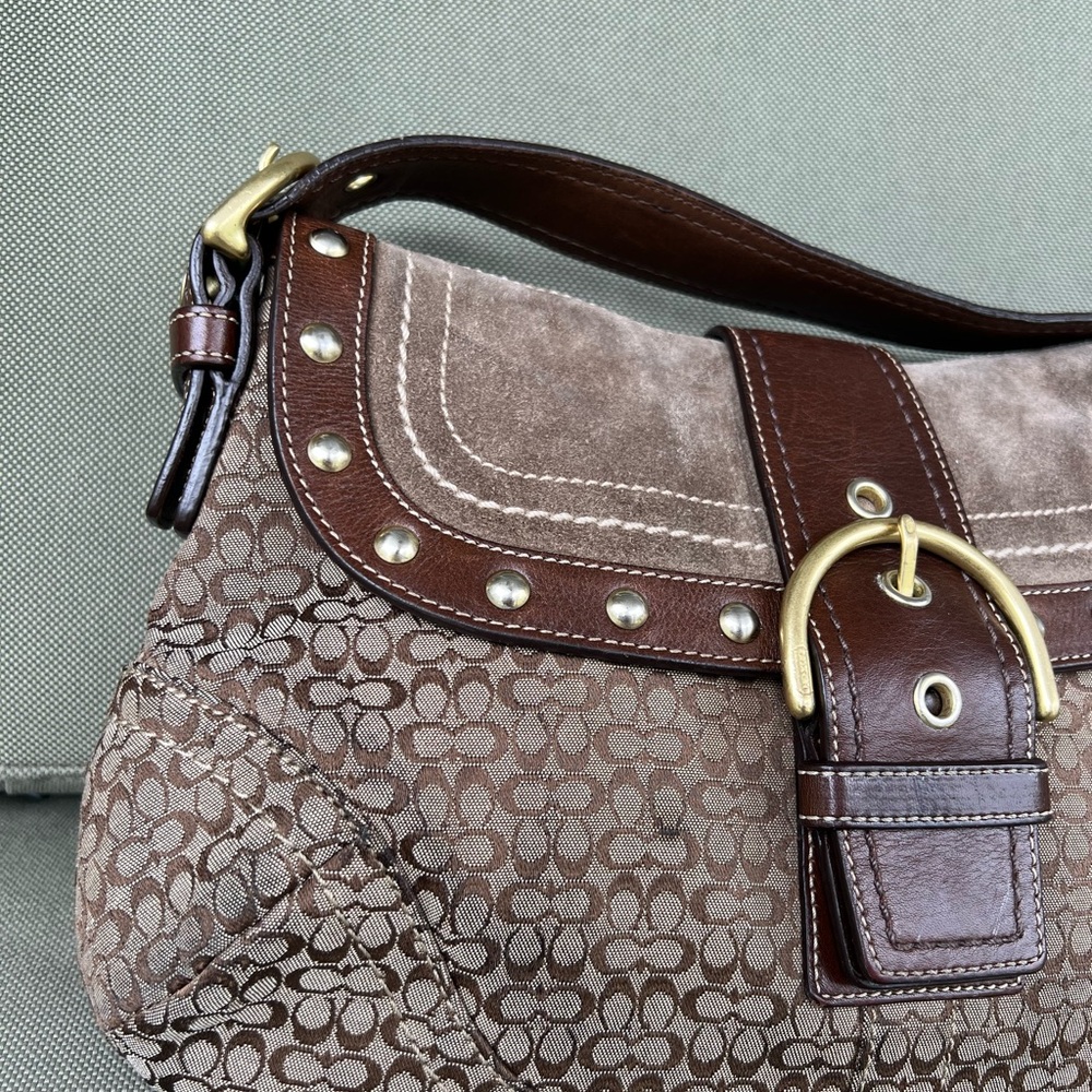 Coach Vintage Signature Soho Studded Brown Suede F11Rare Y2K Buckle Flap F11534 - Picture 5 of 10